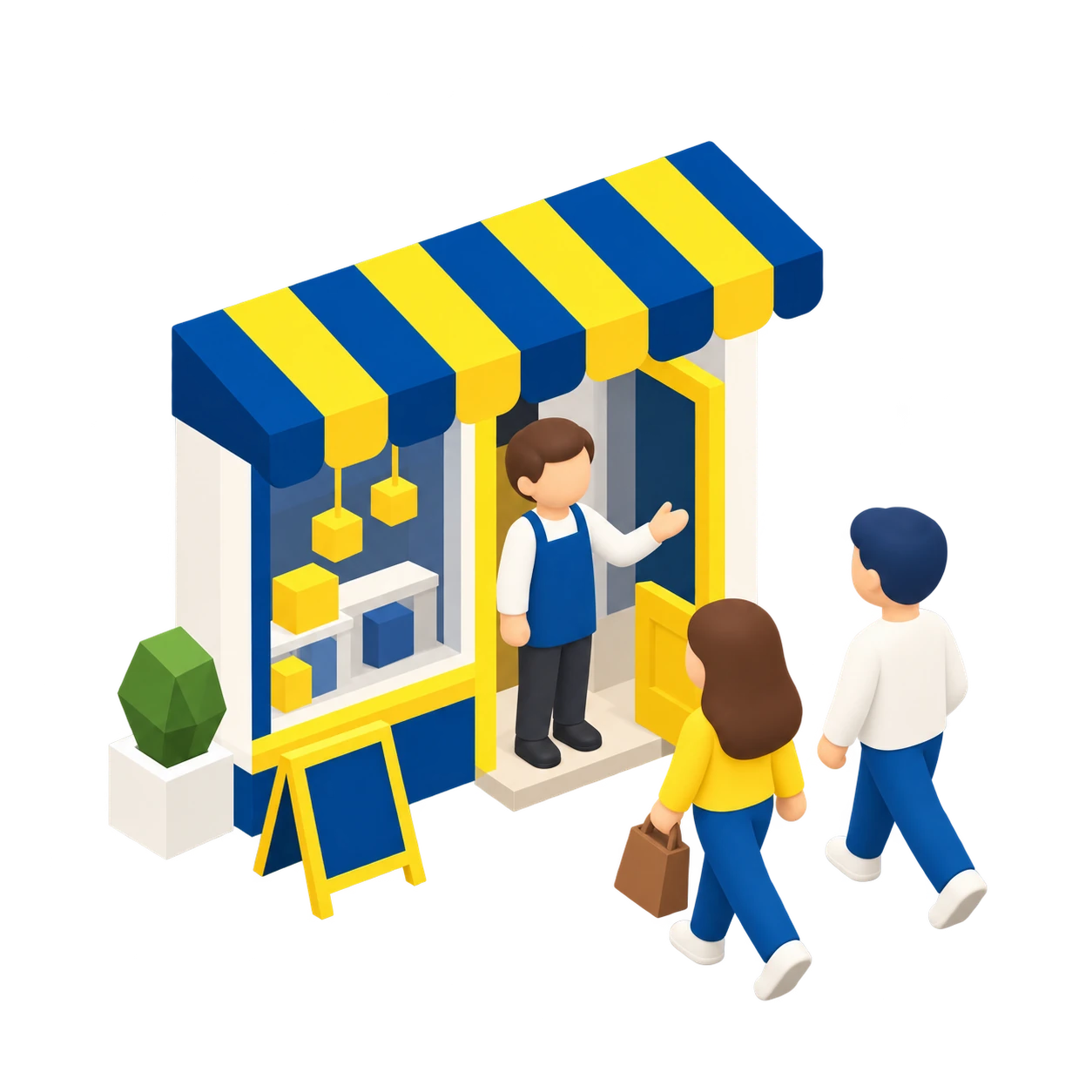 来店するお客さんを迎えるお店のイラスト
