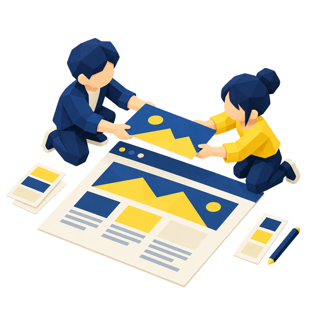 二人でデザインを組み立てる制作パートナーのイラスト